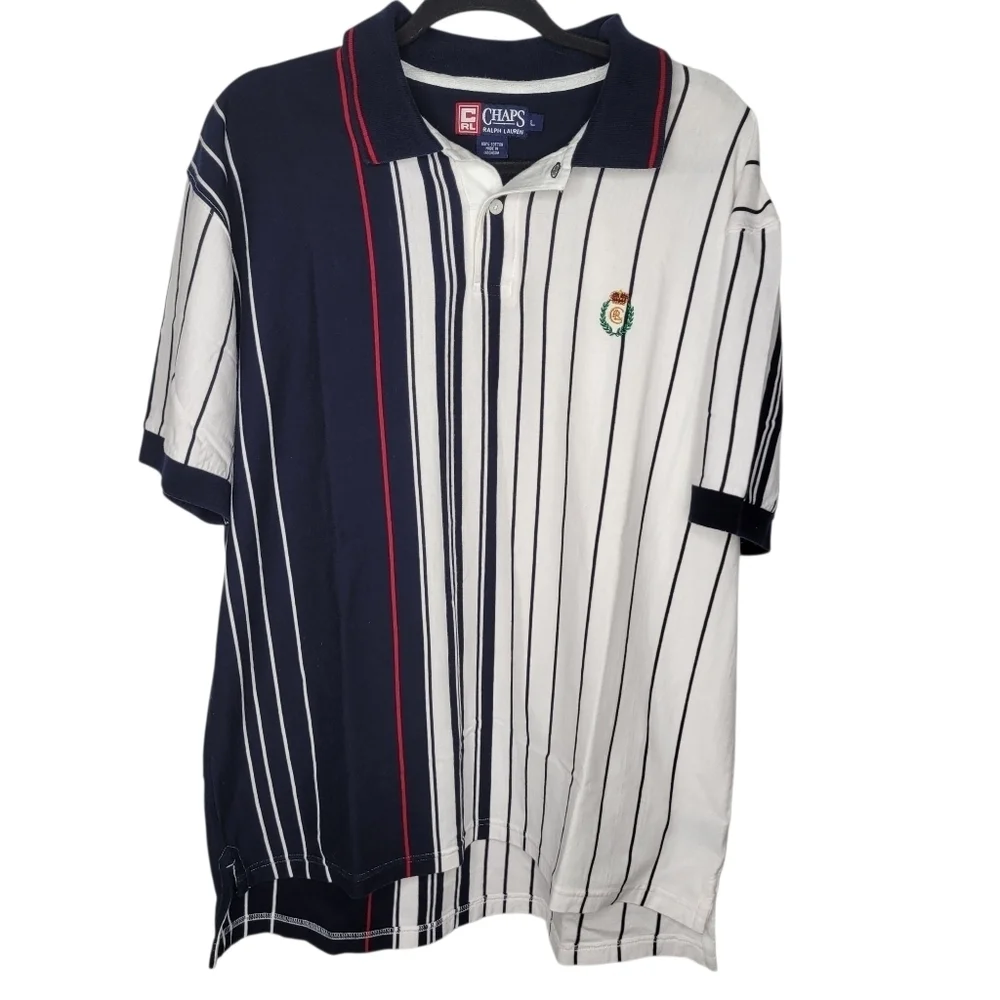Vintage 90s Chaps Ralph Lauren Striped Polo Shirt Size Large in Blue White Red